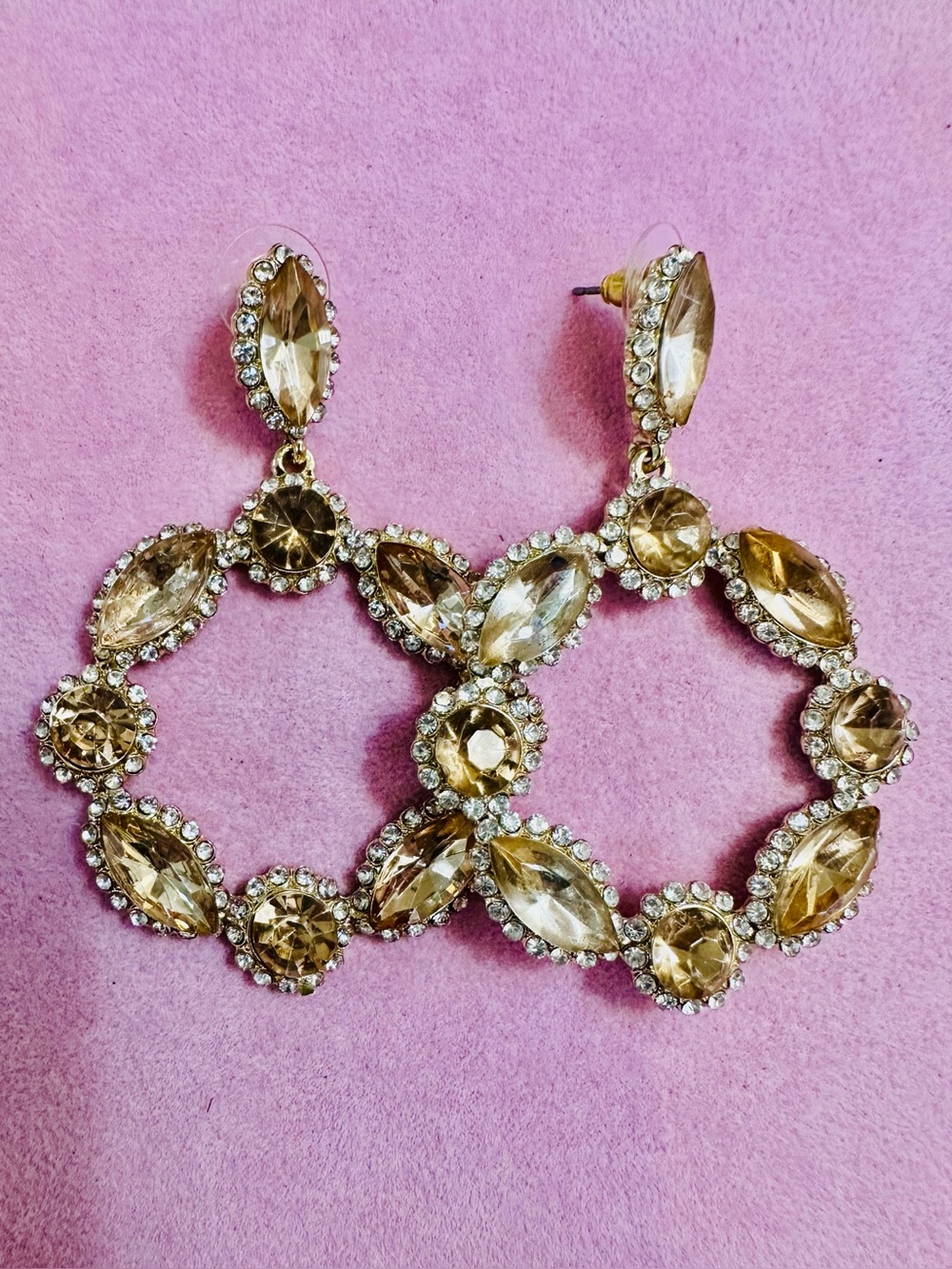 NWT Champagne Crystal Rhinestone Statement Hoop Earrings